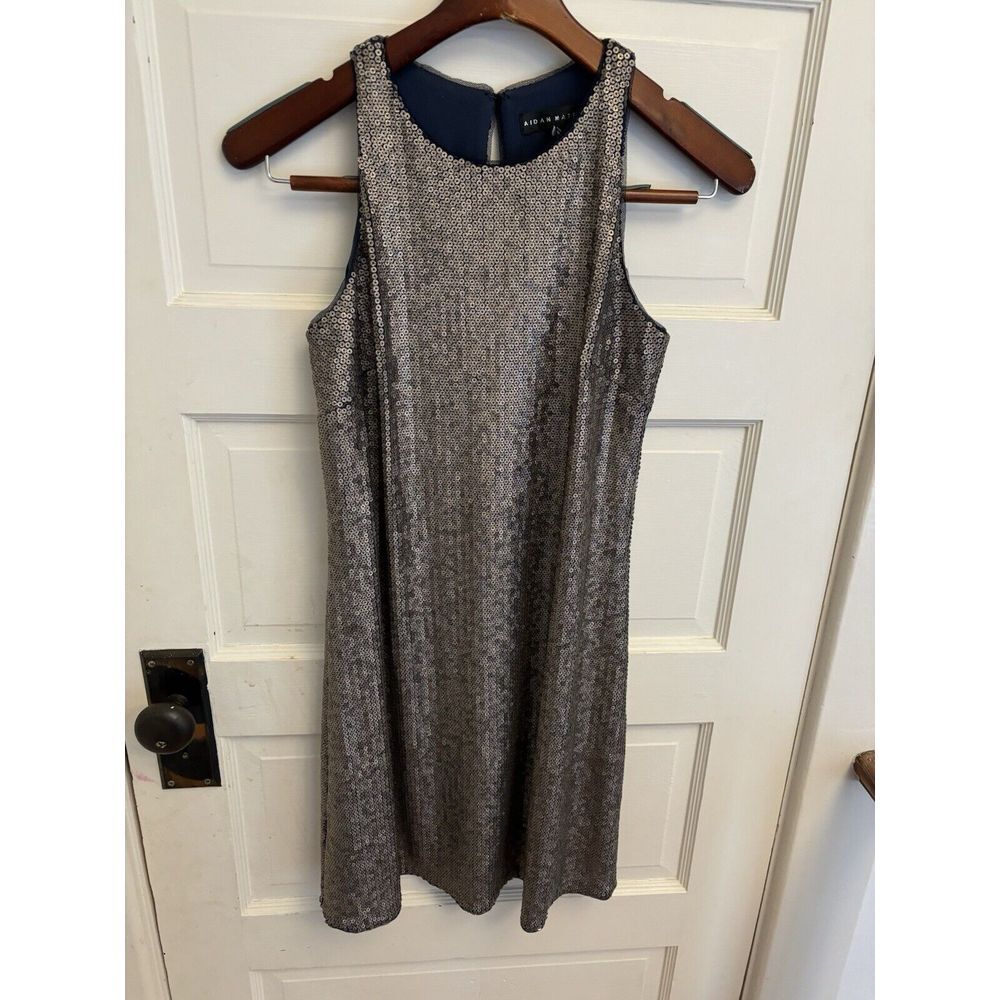 Aidan Mattox Gold Sequin Navy Mesh Sleeveless Dress Size 2 Holiday New Years